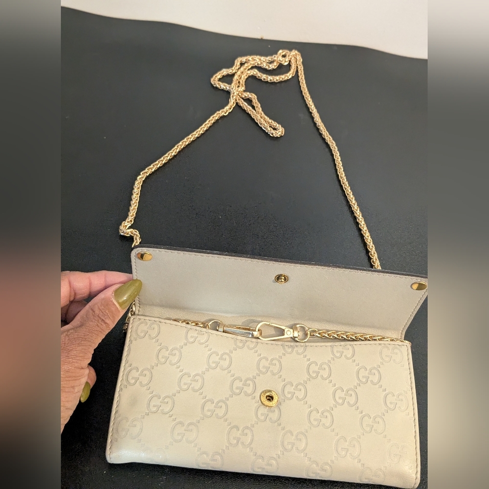 GUCCI Sima Leather Heart Gold Crest Cream Logo Embossed Zip Around Long Wallet - Picture 3 of 16